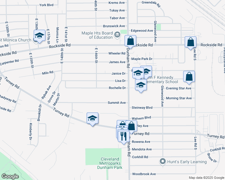 map of restaurants, bars, coffee shops, grocery stores, and more near 14942 Rochelle Drive in Maple Heights