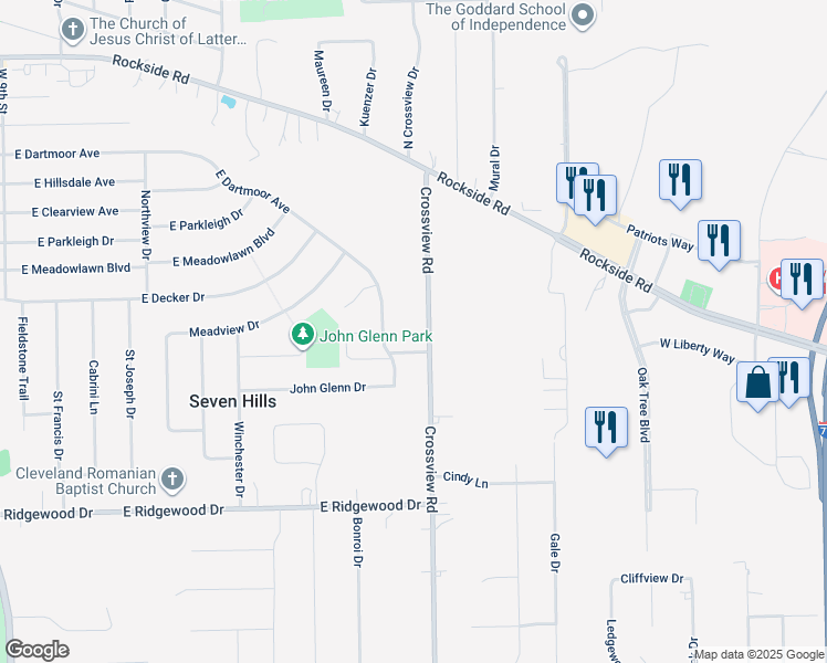 map of restaurants, bars, coffee shops, grocery stores, and more near 6134 Crossview Road in Seven Hills