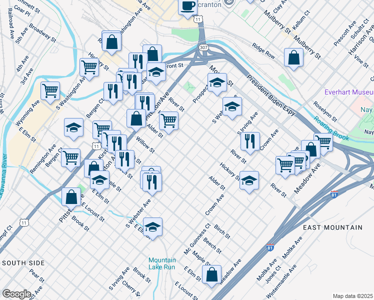 map of restaurants, bars, coffee shops, grocery stores, and more near 514 South Webster Avenue in Scranton