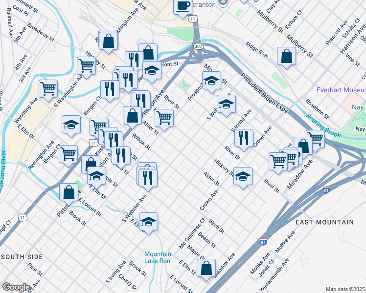 map of restaurants, bars, coffee shops, grocery stores, and more near 514 South Webster Avenue in Scranton