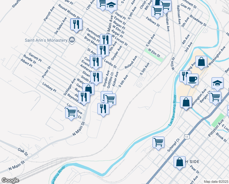 map of restaurants, bars, coffee shops, grocery stores, and more near 1253-1299 South 6th Avenue in Scranton