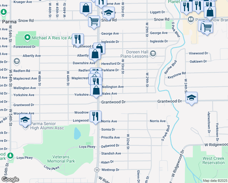 map of restaurants, bars, coffee shops, grocery stores, and more near 3323 Wales Avenue in Parma