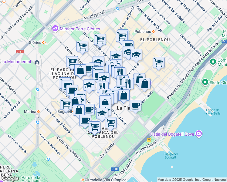 map of restaurants, bars, coffee shops, grocery stores, and more near 122 Carrer de Llull in Barcelona