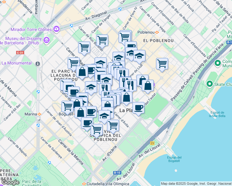 map of restaurants, bars, coffee shops, grocery stores, and more near 122 Carrer de Llull in Barcelona