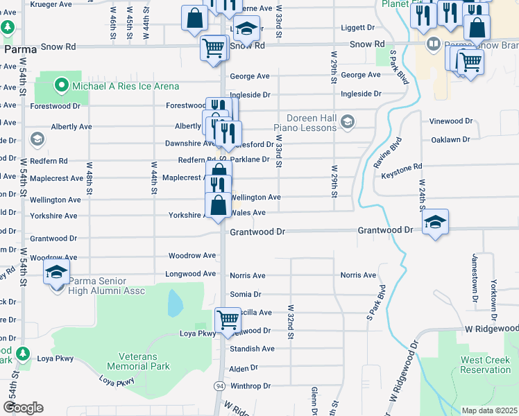 map of restaurants, bars, coffee shops, grocery stores, and more near 3323 Wales Avenue in Parma
