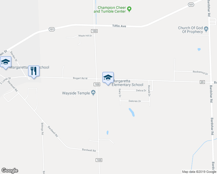 map of restaurants, bars, coffee shops, grocery stores, and more near 5906 Bogart Road West in Castalia