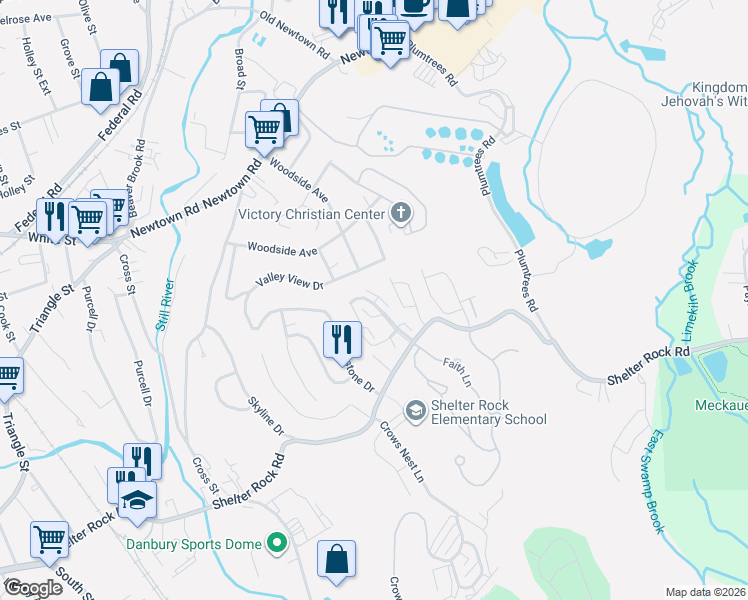 map of restaurants, bars, coffee shops, grocery stores, and more near 151 Shelter Rock Road in Danbury