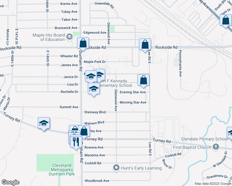 map of restaurants, bars, coffee shops, grocery stores, and more near 5930 Glenwood Avenue in Maple Heights
