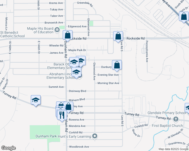 map of restaurants, bars, coffee shops, grocery stores, and more near 5930 Glenwood Avenue in Maple Heights