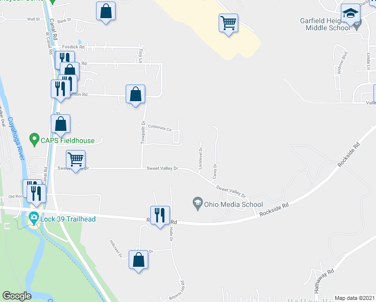 map of restaurants, bars, coffee shops, grocery stores, and more near 9797 Sweet Valley Drive in Valley View