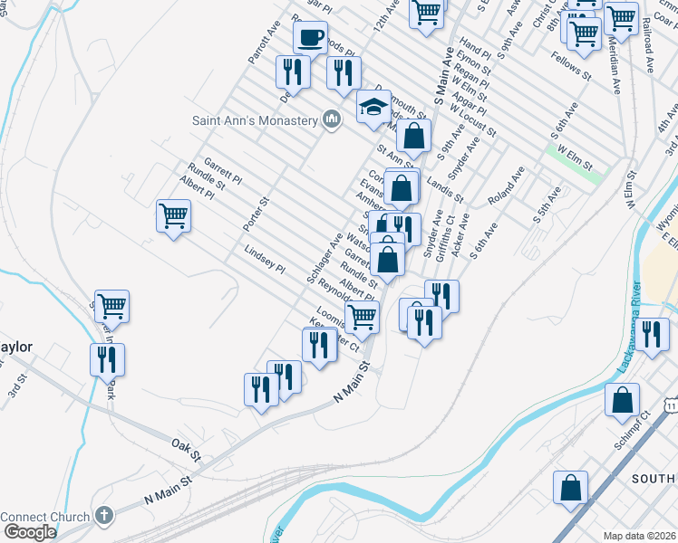 map of restaurants, bars, coffee shops, grocery stores, and more near 1148 Reynolds Avenue in Scranton