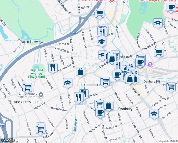 map of restaurants, bars, coffee shops, grocery stores, and more near 64 Bells Lane in Danbury