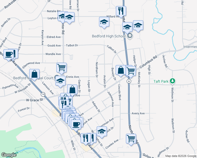 map of restaurants, bars, coffee shops, grocery stores, and more near 51 Nordham Drive in Bedford