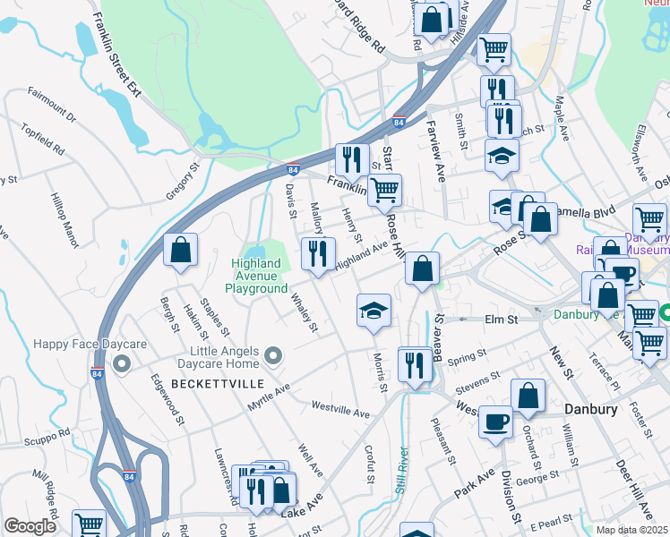 map of restaurants, bars, coffee shops, grocery stores, and more near Highland Avenue & Mallory Street in Danbury