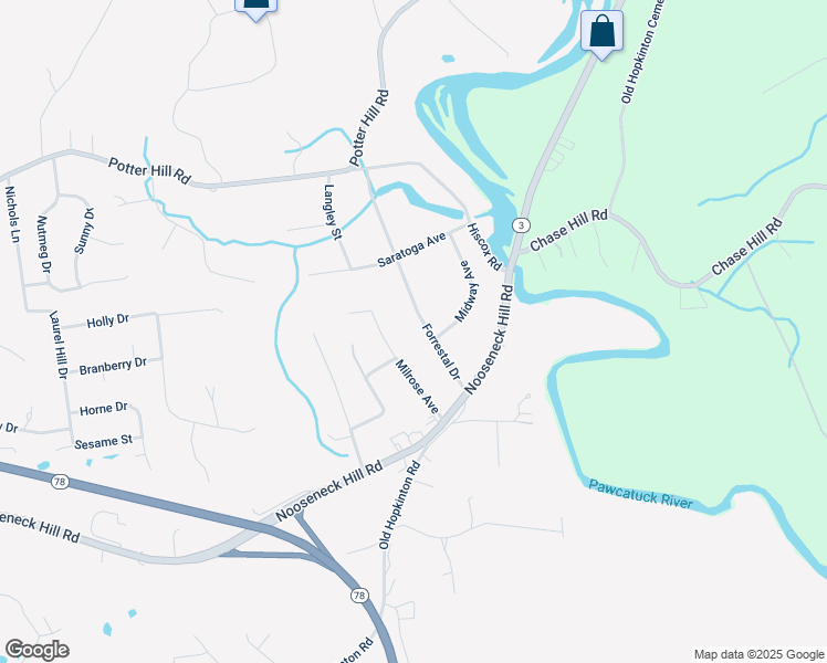 map of restaurants, bars, coffee shops, grocery stores, and more near 12 Forrestal Drive in Westerly