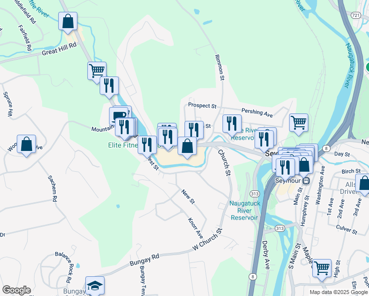 map of restaurants, bars, coffee shops, grocery stores, and more near 64-68 Klarides Village Drive in Seymour