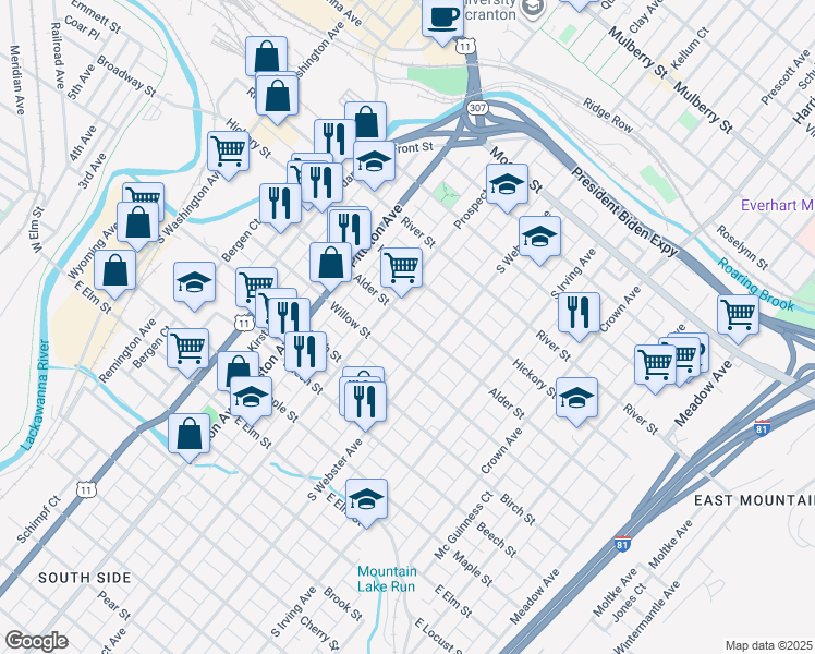 map of restaurants, bars, coffee shops, grocery stores, and more near 633 Willow Street in Scranton