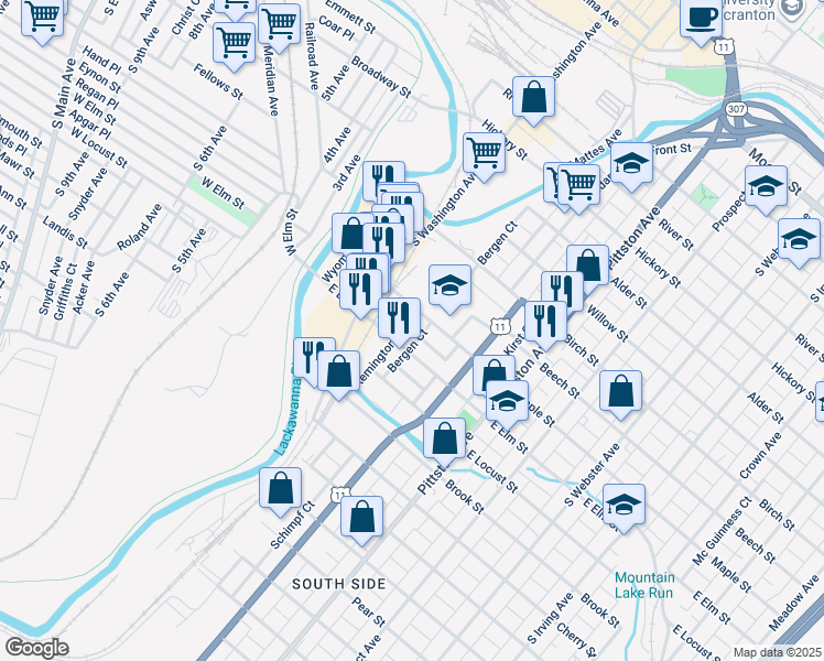 map of restaurants, bars, coffee shops, grocery stores, and more near 331 East Elm Street in Scranton