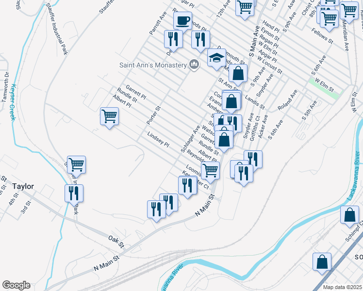 map of restaurants, bars, coffee shops, grocery stores, and more near 1208 Loomis Avenue in Scranton
