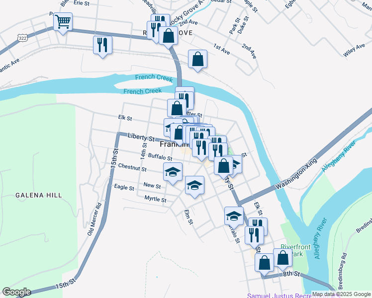 map of restaurants, bars, coffee shops, grocery stores, and more near 3 Pennsylvania Avenue in Franklin