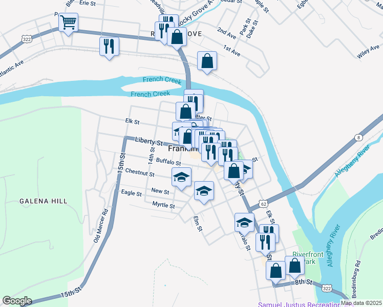 map of restaurants, bars, coffee shops, grocery stores, and more near 3 Pennsylvania Avenue in Franklin