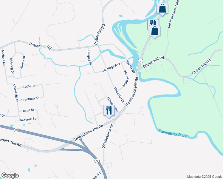map of restaurants, bars, coffee shops, grocery stores, and more near 12 Forrestal Drive in Westerly
