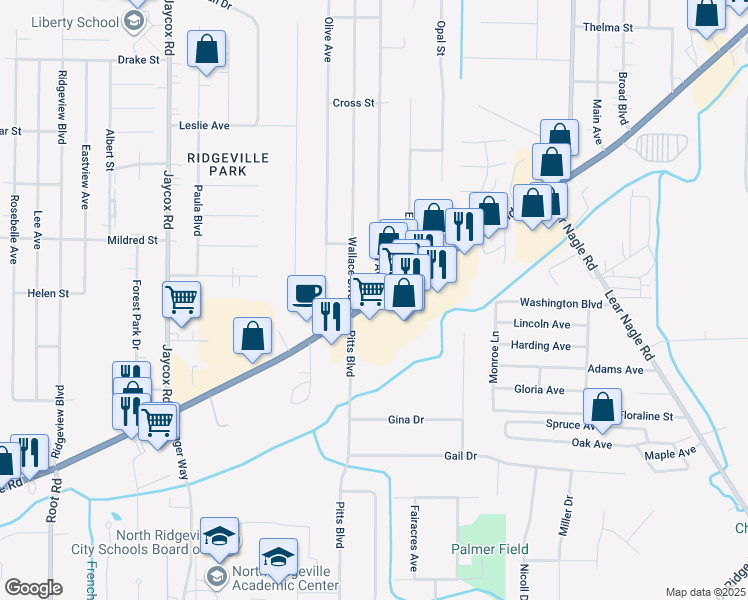 map of restaurants, bars, coffee shops, grocery stores, and more near 34325 Center Ridge Road in North Ridgeville