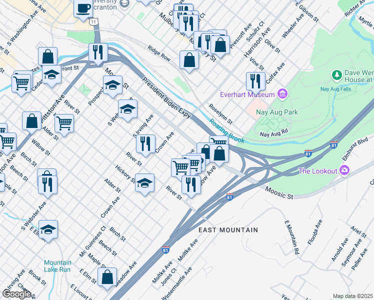 map of restaurants, bars, coffee shops, grocery stores, and more near 112 Stafford Avenue in Scranton