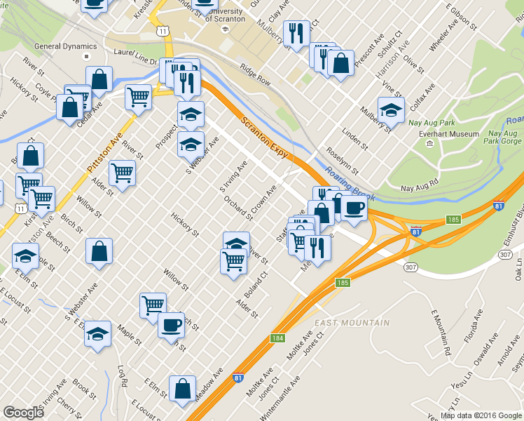 map of restaurants, bars, coffee shops, grocery stores, and more near 215 Crown Avenue in Scranton