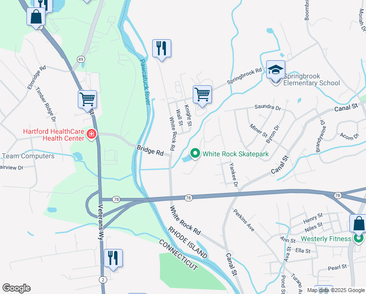 map of restaurants, bars, coffee shops, grocery stores, and more near 3 1/2 Cottage Street in Westerly