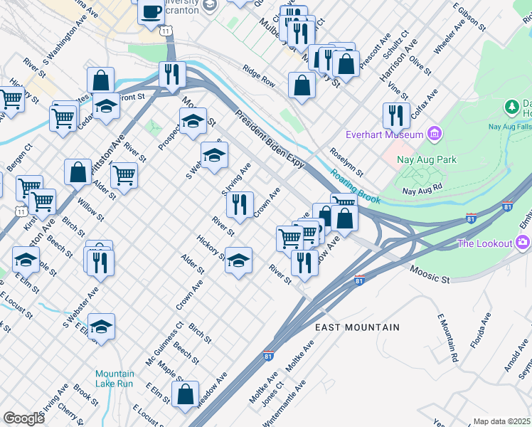map of restaurants, bars, coffee shops, grocery stores, and more near 215 Crown Avenue in Scranton