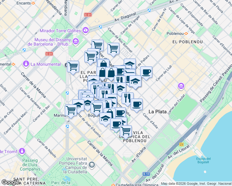 map of restaurants, bars, coffee shops, grocery stores, and more near 86 Carrer de Pere IV in Barcelona