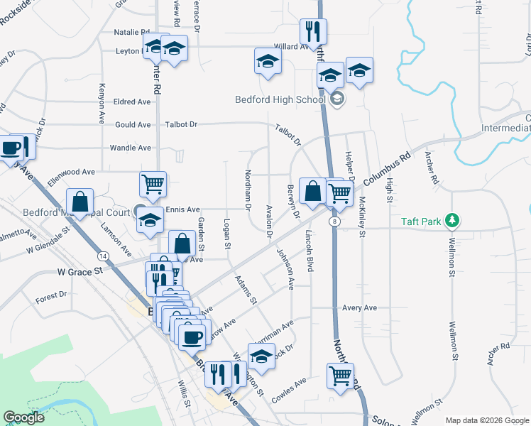 map of restaurants, bars, coffee shops, grocery stores, and more near 20 Avalon Drive in Bedford