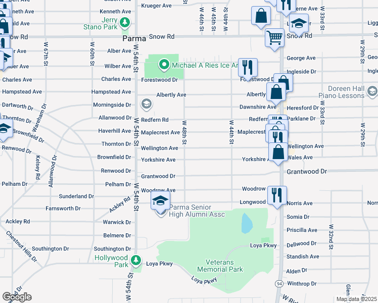 map of restaurants, bars, coffee shops, grocery stores, and more near 4715 Yorkshire Avenue in Cleveland