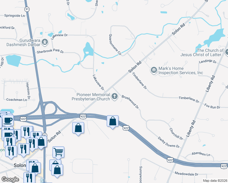 map of restaurants, bars, coffee shops, grocery stores, and more near 35640 Brushwood Drive in Solon