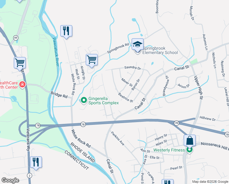 map of restaurants, bars, coffee shops, grocery stores, and more near 29 Yankee Drive in Westerly