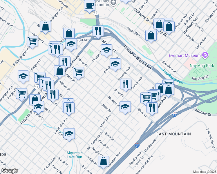 map of restaurants, bars, coffee shops, grocery stores, and more near 421 South Irving Avenue in Scranton