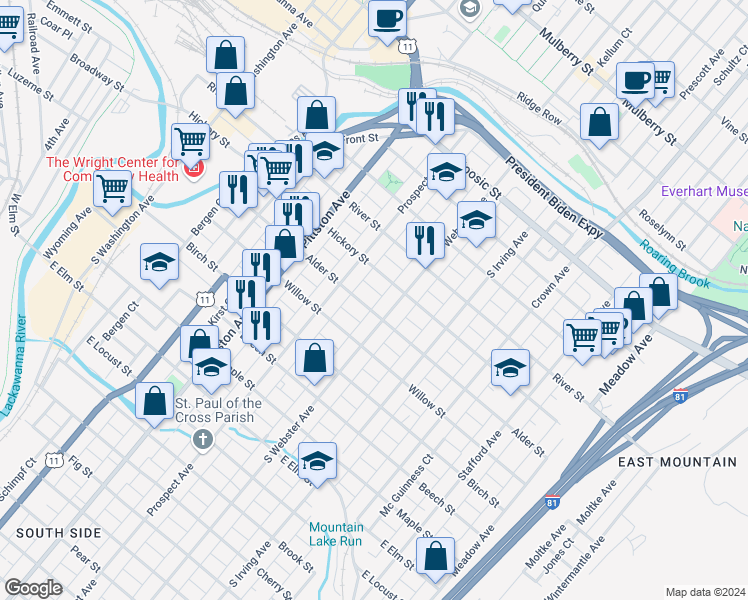 map of restaurants, bars, coffee shops, grocery stores, and more near in Scranton
