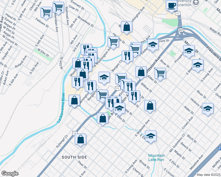 map of restaurants, bars, coffee shops, grocery stores, and more near 371-399 Maple Street in Scranton