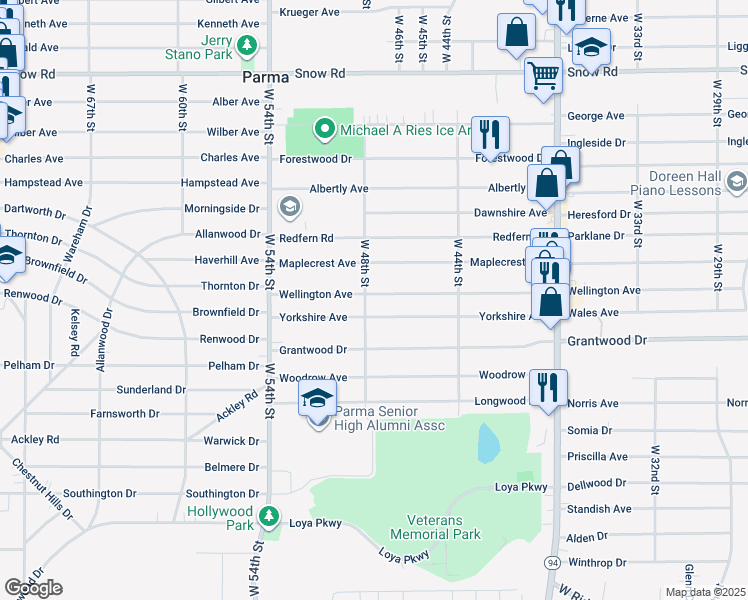 map of restaurants, bars, coffee shops, grocery stores, and more near 4715 Yorkshire Avenue in Cleveland