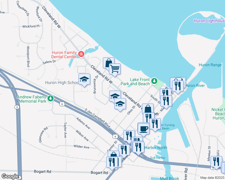 map of restaurants, bars, coffee shops, grocery stores, and more near 320 Portland Drive in Huron