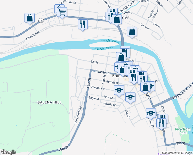 map of restaurants, bars, coffee shops, grocery stores, and more near 1441 Buffalo St in Franklin