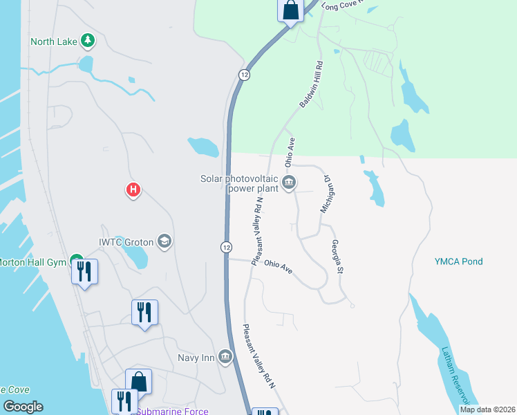 map of restaurants, bars, coffee shops, grocery stores, and more near 1215 Pleasant Valley Road North in Groton