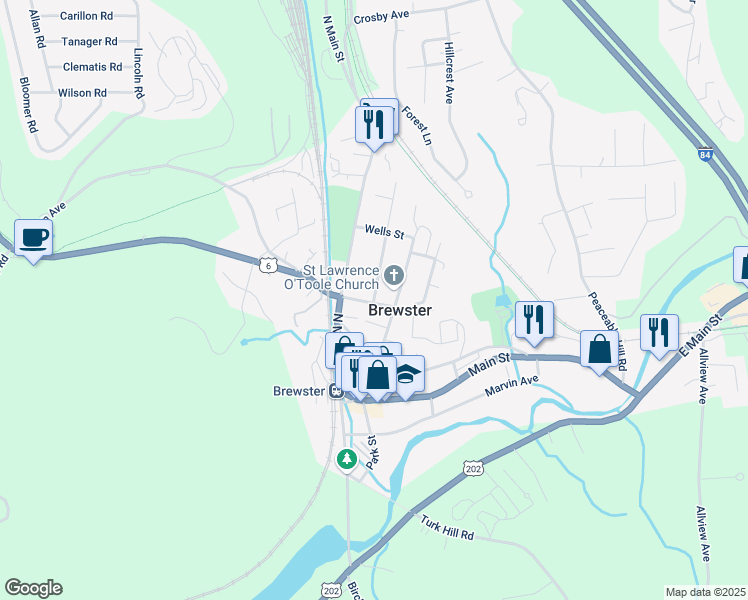 map of restaurants, bars, coffee shops, grocery stores, and more near 2 Center Street in Brewster