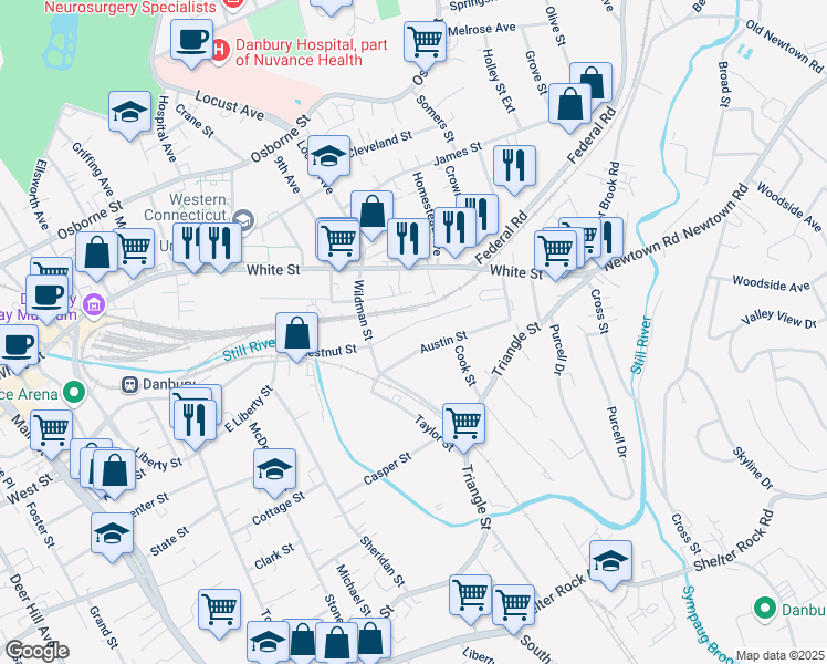 map of restaurants, bars, coffee shops, grocery stores, and more near 9 Austin Street in Danbury