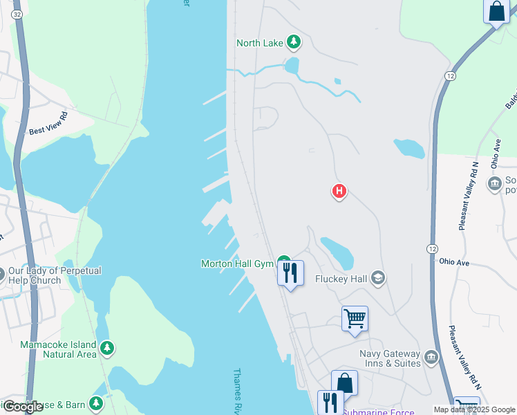 map of restaurants, bars, coffee shops, grocery stores, and more near Military Highway in New London County