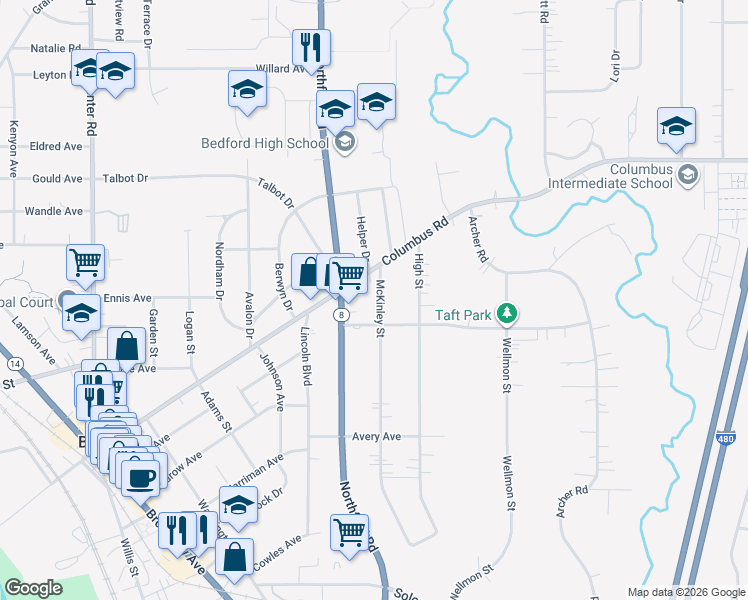 map of restaurants, bars, coffee shops, grocery stores, and more near 690 McKinley Street in Bedford