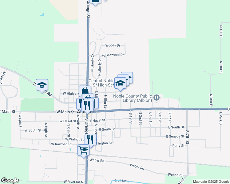 map of restaurants, bars, coffee shops, grocery stores, and more near 401 East Highland Street in Albion