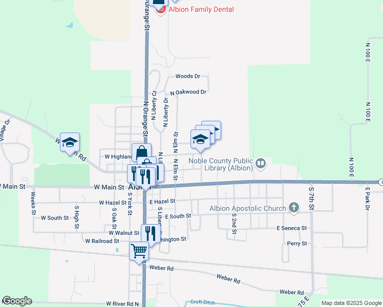 map of restaurants, bars, coffee shops, grocery stores, and more near 401 East Highland Street in Albion