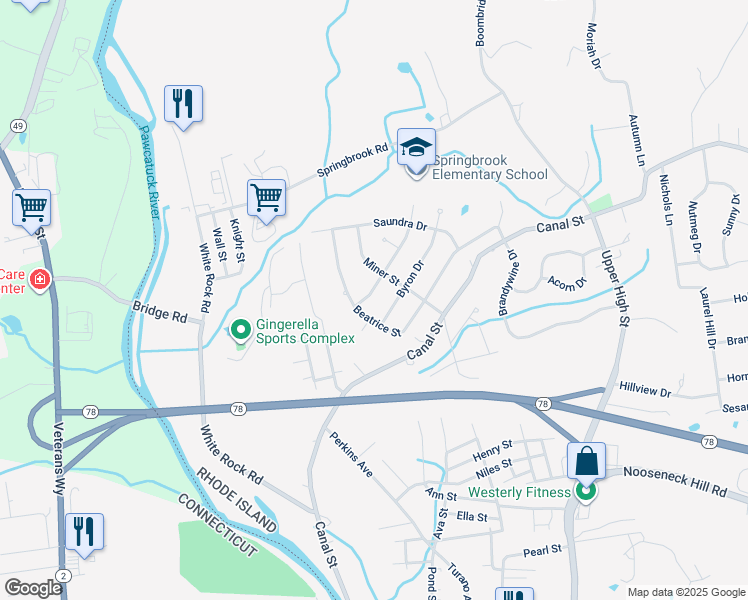map of restaurants, bars, coffee shops, grocery stores, and more near 38 Beatrice Street in Westerly